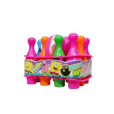 Colorful SpongeBob toy bowling set with plastic pins and ball.