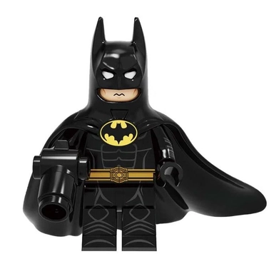 LEGO Batman minifigure in black suit with cape and blaster.