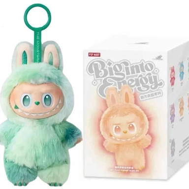 Cute  green plush Labubu toy with bunny ears beside its Pop Mart box.