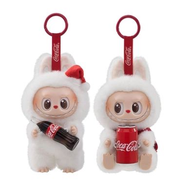 Cute Labubu plush figures holding Coca-Cola bottle and can with red tags.