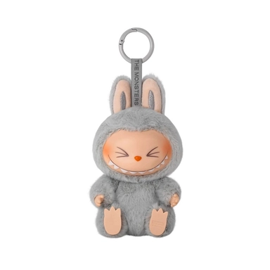 Gray Labubu plush keychain with smiling face and soft fur.