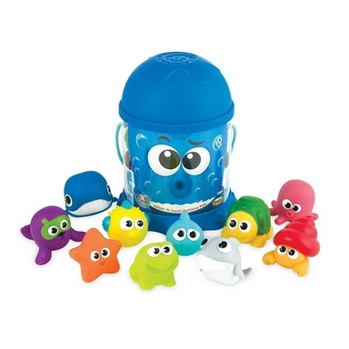 Colorful ocean animal bath toy set with blue bucket container.