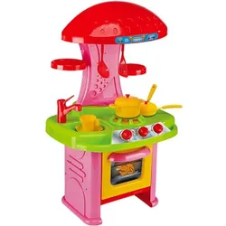 Colorful toy kitchen set with stove, sink, and cooking accessories for kids