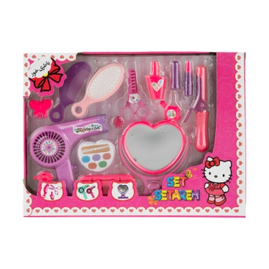 Pink Hello Kitty-themed toy beauty set with mirror, hairdryer, and accessories.