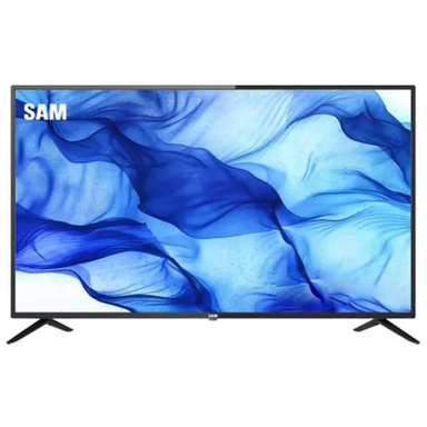 SAM LED TV displaying abstract blue waves on screen.