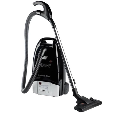 black vacuum cleaner with white accents for home cleaning.