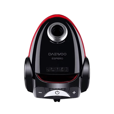 Gray and black vacuum cleaner with red accents for home cleaning.