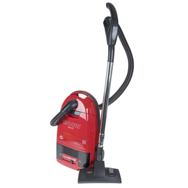 Red vacuum cleaner with ergonomic handle, stainless steel extension tube, and a compact design featuring a high-efficiency filter system