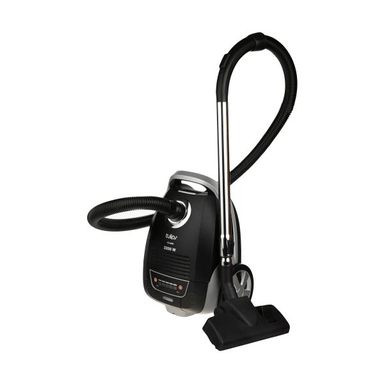Black Tulip canister vacuum cleaner with adjustable hose and floor brush.