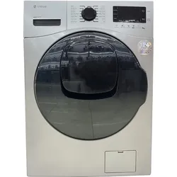 Silver front-loading washing machine with a large black door and digital control panel