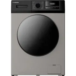 Gray front-loading washing machine with a large black door and digital control panel