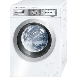 White front-loading washing machine with a silver door frame and digital control panel