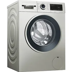 Silver front-loading washing machine with a black door frame and digital control panel