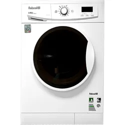 White front-loading washing machine with a black door and digital control panel