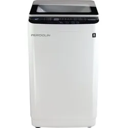 White top-loading washing machine with a black control panel and transparent lid