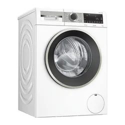 White front-loading washing machine with a dark door frame and digital control panel