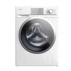 White front-loading washing machine with a silver door frame and digital display
