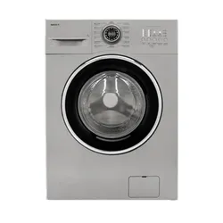 Silver front-loading washing machine with a black door frame and control dial