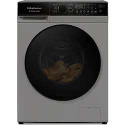 Gray front-loading washing machine with a large black door and digital control panel