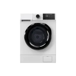 White front-loading washing machine with a large black door and digital control panel