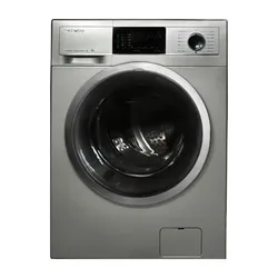Silver front-loading washing machine with a dark door and digital control panel