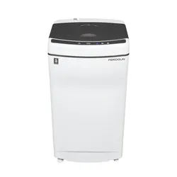 White top-loading washing machine with a black control panel and transparent lid