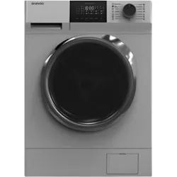 Silver front-loading washing machine with a large dark door and digital control panel