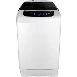 White top-loading washing machine with a black control panel and digital buttons