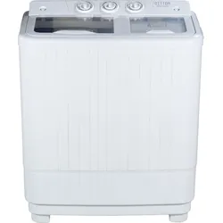 White twin-tub washing machine with top controls and transparent lids