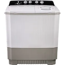 White twin-tub washing machine with a black top panel and manual control knobs
