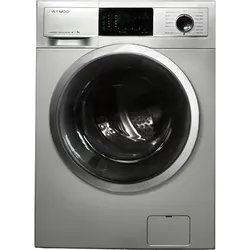 Silver front-loading washing machine with a dark door and digital control panel