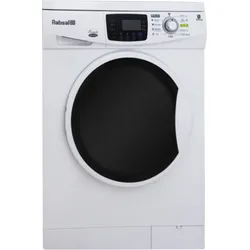 White front-loading washing machine with a black door and digital control panel
