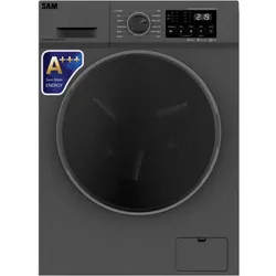 Dark gray front-loading washing machine with a large black door and digital control panel