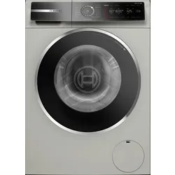 Silver front-loading washing machine with a black door frame and digital control panel
