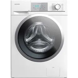 White front-loading washing machine with a silver door frame and digital control panel