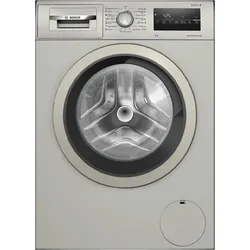 Silver front-loading washing machine with a round door and digital control panel