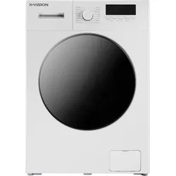 White front-loading washing machine with a large black door and digital control panel
