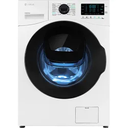 White front-loading washing machine with a black AddWash door and digital control panel