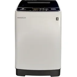 White top-loading washing machine with a black control panel