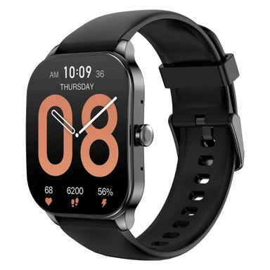 Black smartwatch with large orange digital display and fitness tracking features