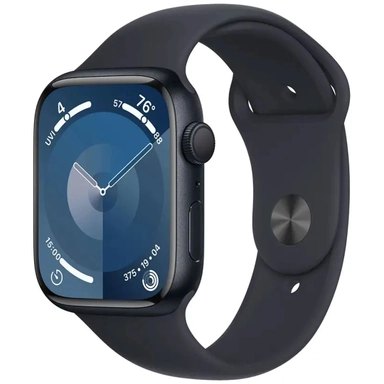 Black Apple Watch with digital display and silicone sport band.