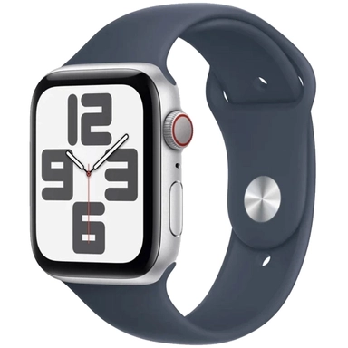 Silver Apple Watch with bold numeric dial and navy sport band.