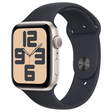 Gold Apple Watch with beige numeric dial and black sport band.