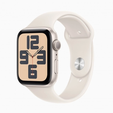 Silver Apple Watch with beige dial and white sport band.
