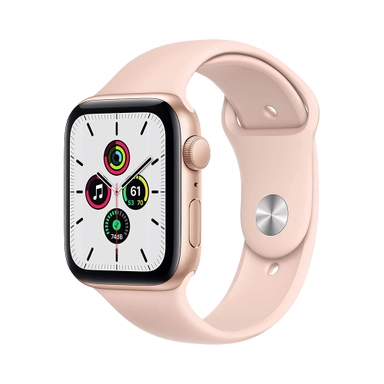 Rose gold Apple Watch with white display and pink sport band.
