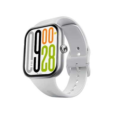 White smart watch with colorful digital display and square dial.