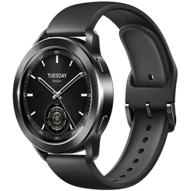 Black round smart watch with analog-style face and silicone strap.